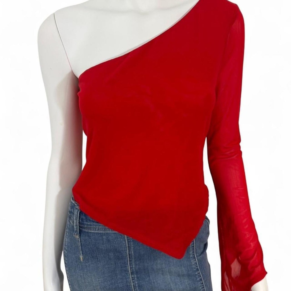 Silence + Noise Red Asymmetric One Shoulder Mesh Top Sheer Lightweight stretch